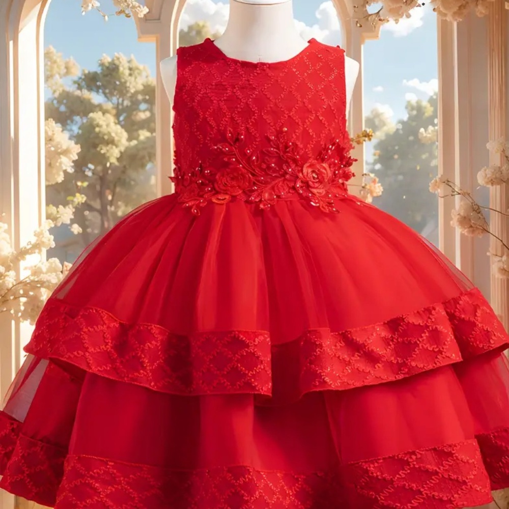Elegant Handmade Red Lace Kids Formal Dress - Picture 5 of 6